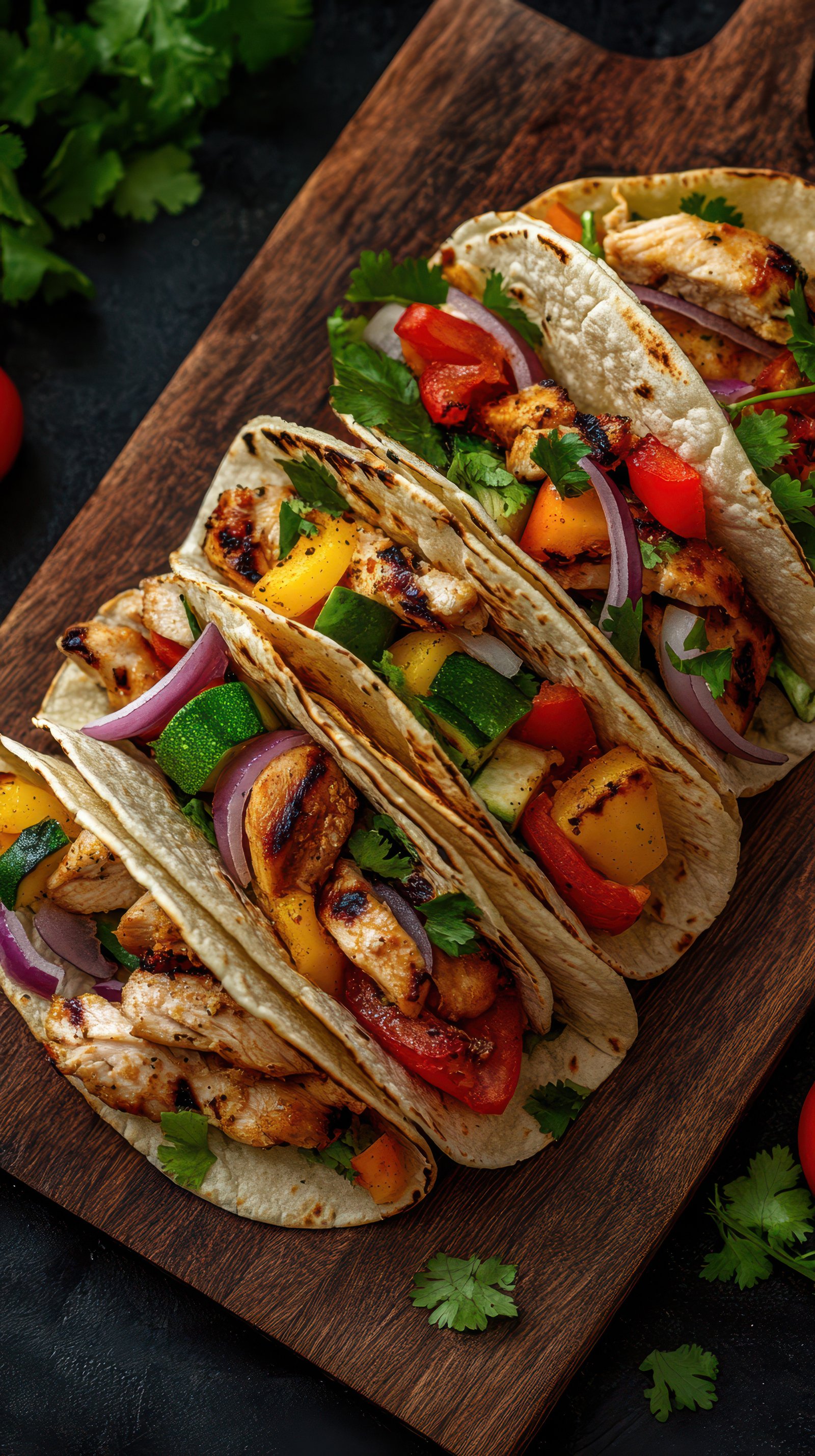 Grilled chicken tacos with fresh vegetables served on a wooden board